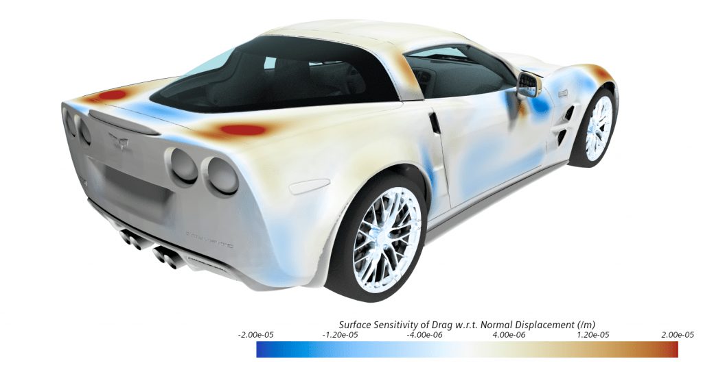Simcenter STAR-CCM+: Adjoint shape optimization for improved car aerodynamics 4 Adjoint Function showing sensitivity of drag obtained from veicle aerodynamics CFD simulation