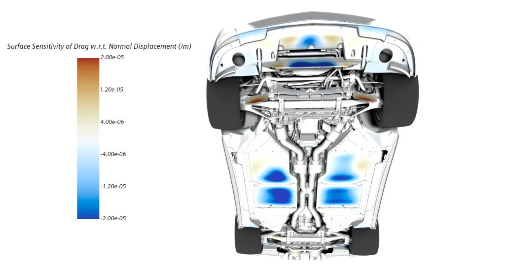 Simcenter STAR-CCM+: Adjoint shape optimization for improved car aerodynamics 3 Adjoint Function showing sensitivity of drag obtained from veicle aerodynamics CFD simulation