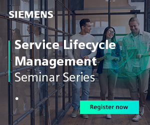 Save Time and Money with Accurate Maintenance Forecasting 2 Service technicians with a banner on the Service Lifecycle Management seminar series