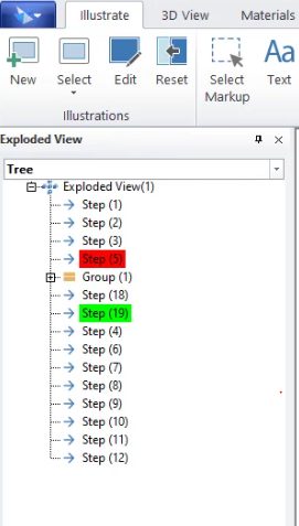 Updating models in Solid Edge technical publications when CAD designs change 4 Exploded view showing steps that need attention in red