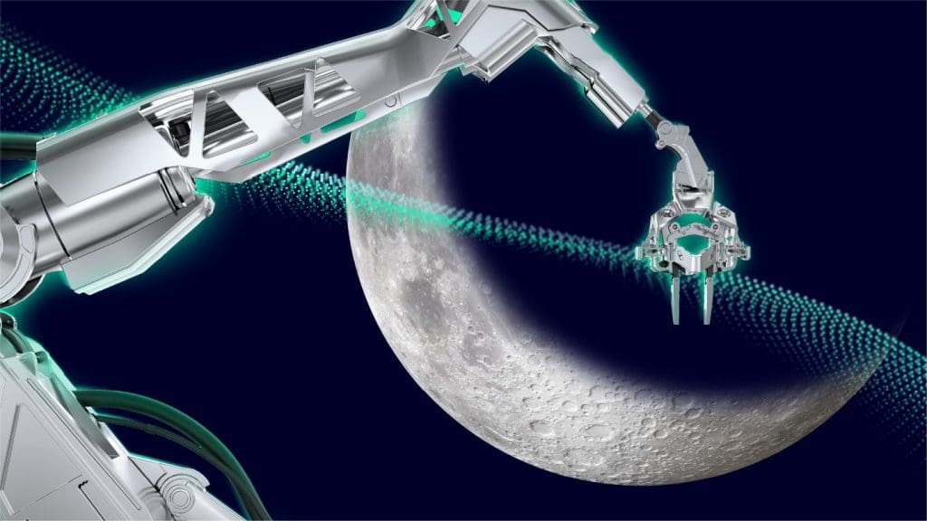 PLM for Machine Builders A robotic arm reaching to the moon.