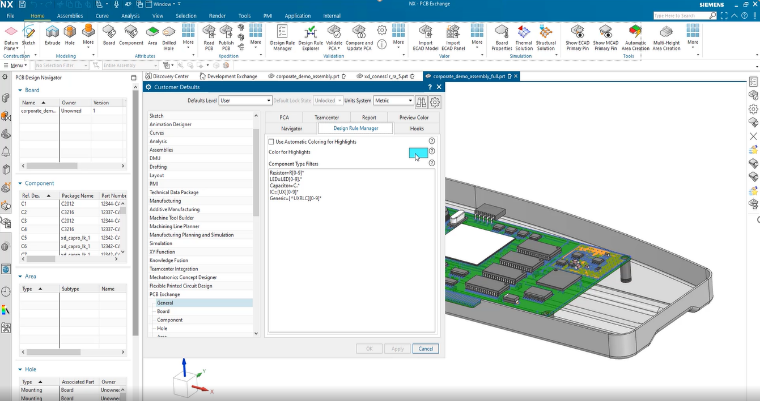 What is New in NX | Electronic CoDesign: PCB Design | NX Design 2 This image shows how the highlight feature can help differentiate components from one another.