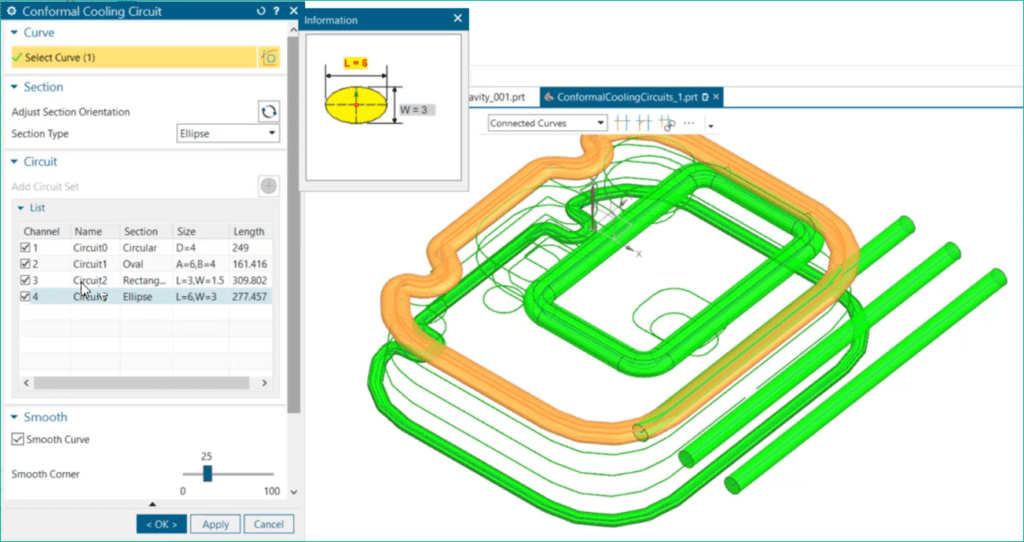 Tooling Design Software | NX Powerful New Features Release 2 A user is exploring new conformal cooling channel shapes within NX.