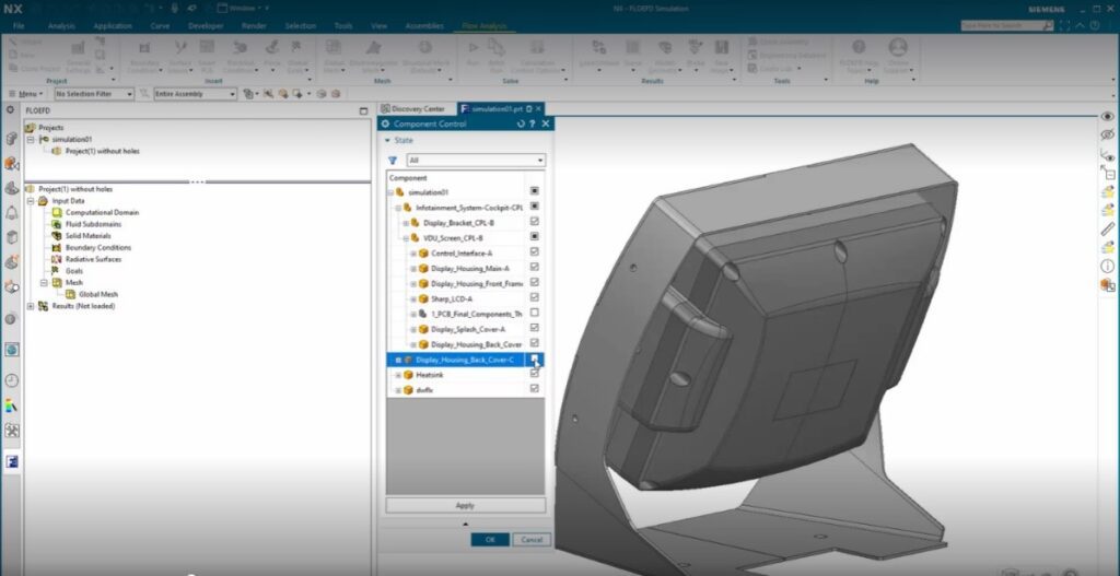 What is new in NX | Thermal Simulation | NX Design 2 This image shows the user using component control to select only the geometry needed.