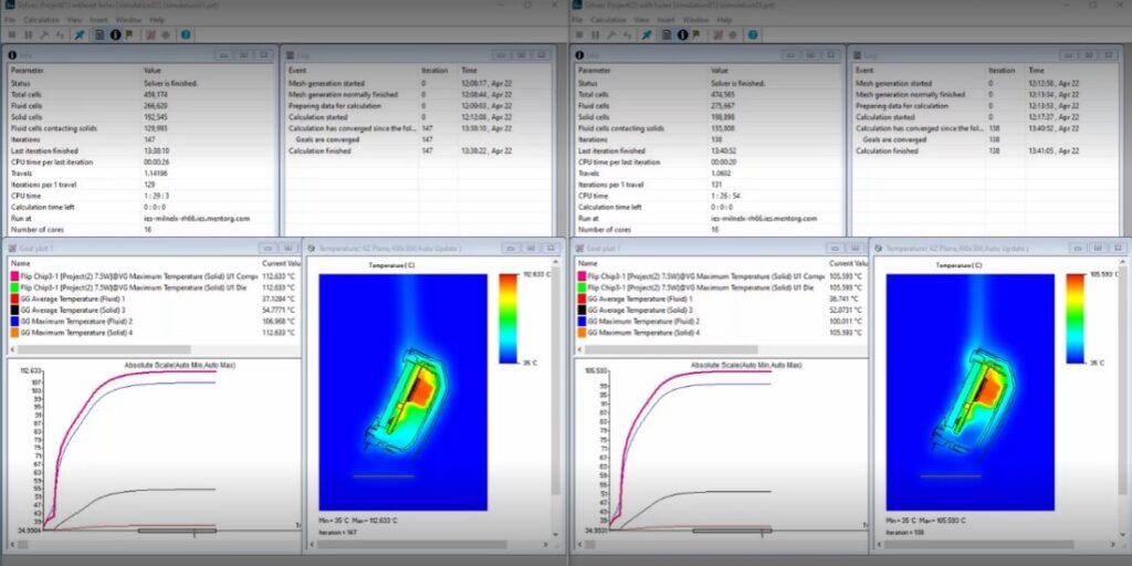 What is new in NX | Thermal Simulation | NX Design 4 This image shows a comparison between a model with and without cooling holes.
