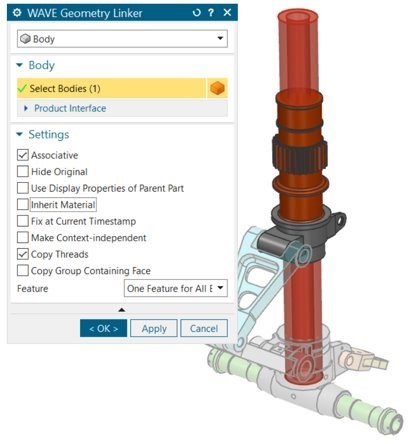 What’s new in NX | Core Modeling 6 This image shows a model next to the WAVE Geometry Linker panel