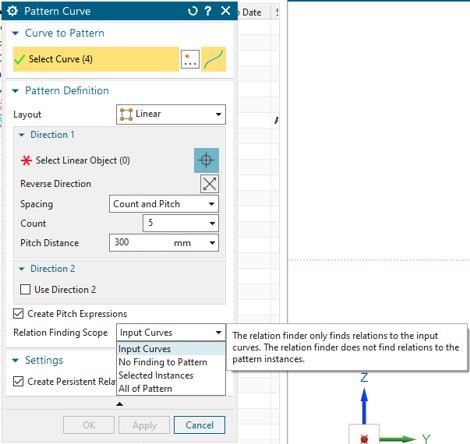 What’s new in NX | Core Modeling 3 This image shows the input option with NX for Pattern Curves