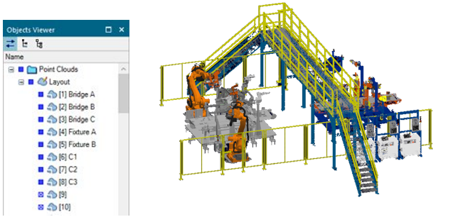 Discover what's new in Tecnomatix 2301 (March 2023) - Tecnomatix 4 Display of the object viewer and a robotic welding 3D simulation model in Process Simulate software.