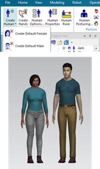 Discover what's new in Tecnomatix 2301 (March 2023) - Tecnomatix 11 Image of virtual humans and dialog to create them in Process Simulate on Teamcenter software.