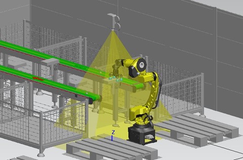Discover what's new in Tecnomatix 2301 (March 2023) - Tecnomatix 5 Display of the camera detection area of a virtual camera for robotic vision using Process Simulate software.