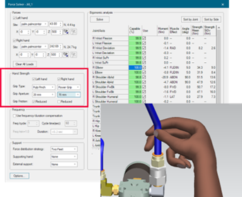 Discover what's new in Tecnomatix 2301 (March 2023) - Tecnomatix 12 Display of detailed hand strength analysis for virtual humans in Process Simulate software.