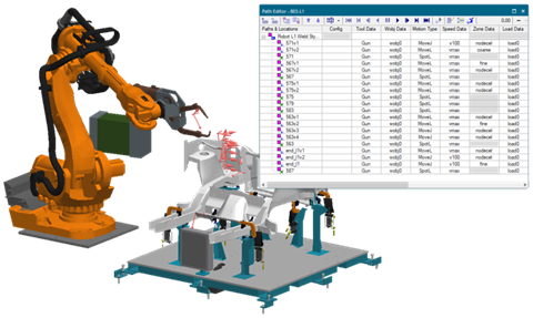Discover what's new in Tecnomatix 2301 (March 2023) - Tecnomatix 6 Display of the path editor and a robotic weld operation in a Process Simulate 3D simulation model.