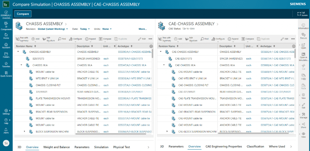 Don’t get left behind: syncing CAD and CAE BOMs with Teamcenter Simulation SPDM - Simcenter 3 Screenshot of chassis BOMs for CAD and CAE side by side in Active Workspace